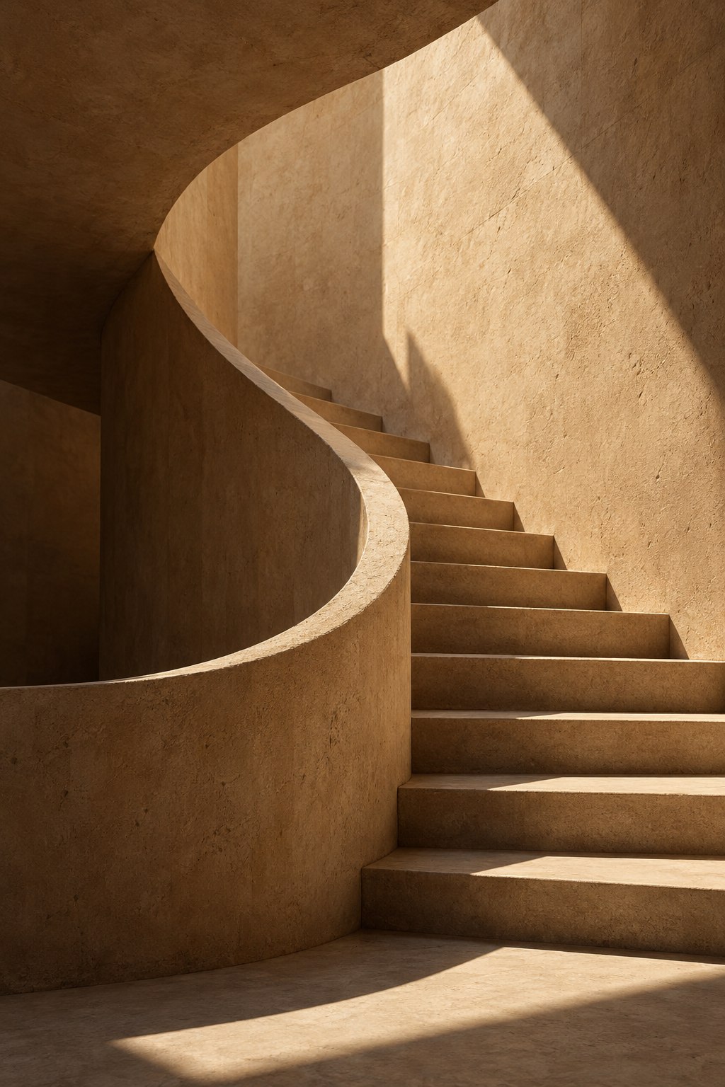 AI-generated concept illustration of a sculptural staircase in warm concrete