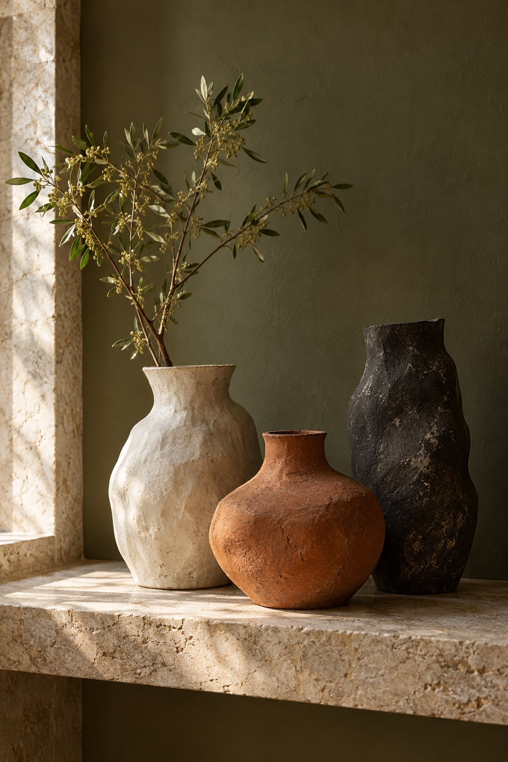 AI-generated concept illustration of hand-built ceramic vessels on a stone shelf